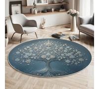 Round Rugs For Living Room 180Cm,Blue White Patterned Tree Washable Circle Area Rugs For Bedroom,Non Slip Soft Low Pile Shining Plants Circular Carpet For Kids Room Kitchen Office Dining Room