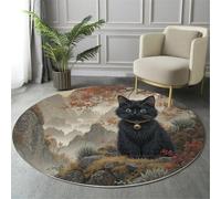 Round Rugs For Living Room 180Cm,Reddish-Brown Mountain Peaks,Trees,Black Cat Washable Circle Area Rugs For Bedroom,Non Slip Soft Traditional Painting Circular Carpet For Room Kitchen Dining Room