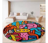 Round Rugs for Living Room 60 cm, Graffiti Abstract Lines Dots Printed, Bedroom Colorful Round Area Rug, Washable Circle Anti Slip Carpet for Dining Room Kids Room Hallway
