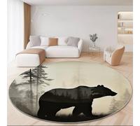 Round Rugs for Living Room 60 cm, Retro Forest Bear Clouds Printed, Bedroom Black Gray Round Area Rug, Washable Circle Anti Slip Carpet for Dining Room Kids Room Hallway