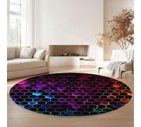 Round Rugs for Living Room 60 cm (Round) Fluffy Soft Carpet Neon Hexagon Luxury Crawling Rug Machine Washable Indoor Circle Floor Mat for Bedroom Bathroom Hallway Multicolor Black