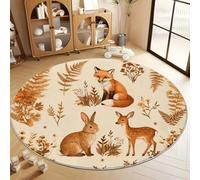 Round Rugs for Living Room 80 cm, Hand Drawing Animals Flowers Retro Round Circle Area Rugs for Bedroom - Non Slip Non Shedding Soft Low Pile for Kitchen Office Dining Room, Cream