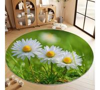 Round Rugs for Living Room 80 cm, Realistic Meadow Flower Daisy Washable Circle Area Rugs - Non Slip Soft Low Pile Green Circular Carpet for Kids Room Kitchen Office Dining