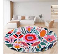 Round Rugs Hand-Painted Colorful Flowers Full Rug for Living Room Circle Area with Non Slip Backing Washable 60 cm (Round) for Bedroom Soft Printed Carpet for Living Room Kids Room Color Red