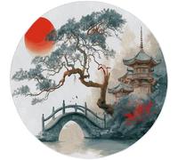 Round Rugs Japanese Style Living Room 180cm, Cream Low Pile Rugs Machine Washable Non-Slip Carpet, Non-Shedding Architecture Plants Sun Printed Design for Dining Room Bedroom