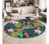Round Rugs Living Room 100cm, Tropical Style Area Rugs Machine Washable Non-Slip Carpet Low Pile Non-Shedding Tropical Plants And Orchids Design Carpet for Dining Room, Bedroom, Sofa, Dark Blue