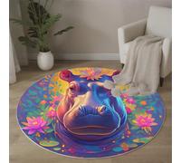 Round Rugs Living Room 120 cm, Cute Hippo Face Area Rugs Colorful Animal Portraits Washable Non-Slip Carpet Low Pile Floor Mat for Dining Room, Bedroom, Blue-Purple