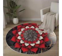 Round Rugs Living Room 120 cm, Flowers In Bloom Area Rugs Mandala Style Washable Non-Slip Carpet Low Pile Floor Mat for Dining Room, Bedroom, Red