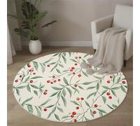 Round Rugs Living Room 120 cm, Sakura Leaves Area Rugs Country Style Washable Non-Slip Carpet Low Pile Floor Mat for Dining Room, Bedroom, Green