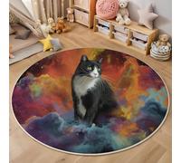 Round Rugs Living Room 130 Cm, Abstract Cat Rugs, Machine Washable, Non-Slip Carpet, Low Pile, Non-Shedding, Watercolor Animals, Dining Room, Bedroom, Office, Mixed Colors Soft Comfortable