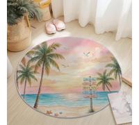 Round Rugs Living Room 150 cm, Landscape Ocean Area Rugs, Machine Washable, Non-Slip Carpet, Low Pile, Non-Shedding, Coastal Sunset Sandy Beach Printed Design for kids, Orange