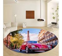 Round Rugs Living Room 150 cm, Low-Pile Surrealism Cars Paris Printed Circle Rug for Entryway Foyer - Light Brown Round Carpet Floor Mat for Bedroom Living Room Kitchen Hallway