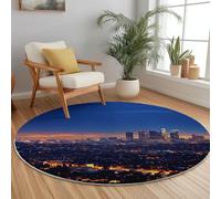 Round Rugs Living Room 150cm, Photography Area Rugs Machine Washable Non-Slip Carpet Night Sky City Architecture Low Pile Non-Shedding printed carpet Suitable for dining room bedroom Blue
