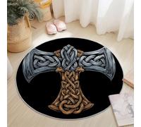 Round Rugs Living Room 150cm, Viking Area Rugs Machine Washable Non-Slip Carpet Norse Mythology Hammer Low Pile Non-Shedding printed carpet Suitable for dining room bedroom Color