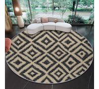 Round Rugs Living Room 160 cm, Black Area Rugs Machine Washable Non-Slip Carpet Low Pile Non-Shedding, Ethnic Rhombus Geometric Printed Design for Dining Room Bedroom