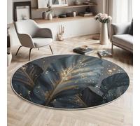 Round Rugs Living Room 160cm, Abstract Plant Leaf Design Area Rugs, Machine Washable Non-Slip Carpet, Low Pile Non-Shedding, Gold Foil Speckled Texture, Dining Room, Bedroom