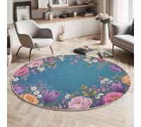 Round Rugs Living Room 160cm, Plant Floral Pattern Area Rugs, Machine Washable Non-Slip Carpet, Low Pile Non-Shedding, Tulip Green Leaf Design, Dining Room, Bedroom