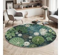 Round Rugs Living Room 160cm, Plant Leaf Elements Area Rugs, Machine Washable Non-Slip Carpet, Low Pile Non-Shedding, Geometric Golden Spiral Design, Dining Room, Bedroom