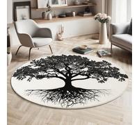 Round Rugs Living Room 180 cm, Ancient Oak Area Rugs Oak Tree Silhouette Washable Non-Slip Carpet Low Pile Floor Mat for Dining Room, Bedroom, Black And White