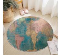 Round Rugs Living Room 180 cm, Colorful Area Rugs, Machine Washable, Non-Slip Carpet, Low Pile, Non-Shedding, Simple World Map Lines Printed Design, Dining Room, Bedroom