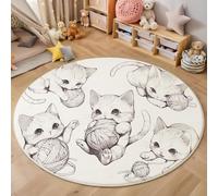 Round Rugs Living Room 180 Cm, Hand-Painted Cat Rugs, Machine Washable, Non-Slip Carpet, Low Pile, Non-Shedding, Simple Animals, Dining Room, Bedroom, Office, White Soft Comfortable