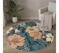 Round Rugs Living Room 180 cm, Hibiscus Lily Of The Valley Area Rugs Art Nouveau Washable Non-Slip Carpet Low Pile Floor Mat for Dining Room, Bedroom, Blue-Green