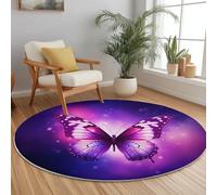 Round Rugs Living Room 180cm, Magic Area Rugs Machine Washable Non-Slip Carpet Ethereal Nature Animal Butterfly Low Pile Non-Shedding printed carpet Suitable for dining room bedroom Purple