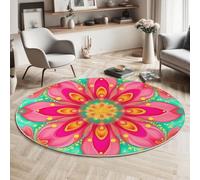 Round Rugs Living Room 60 cm, Mandala Flowers Area Rugs Kaleidoscope Flowers Washable Non-Slip Carpet Low Pile Floor Mat for Dining Room, Bedroom, Green