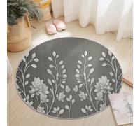Round Rugs Living Room 60 cm, Simple Elegant Floral Texture Printed, Area Rugs for Bedroom Non Slip - Gray White Modern Soft Plush Carpets, Non Shedding Bedside Rug for Kids Room