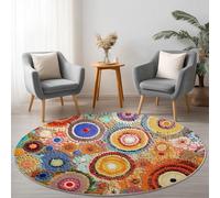 Round Rugs Living Room 60cm, Bohemia Area Rugs Machine Washable Non-Slip Carpet Geometric Collage Floral Low Pile Non-Shedding printed carpet Suitable for dining room bedroom Color