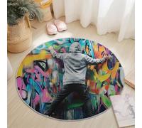 Round Rugs Living Room 80 cm, Colorful Machine Washable Circle Area Rug Non-Slip Carpet, Low Pile, Non-Shedding, Street Graffiti Architecture Printed Design, Dining Room Bedroom