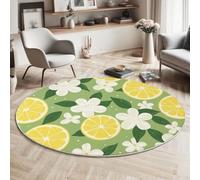 Round Rugs Living Room - Cartoon Lemon Flower Area Rugs 90 Cm For Bedroom Anti Slip - Natural And Fresh Style Super Soft Thin Fleece Small Fluffy Shaggy Rug Non Shedding, Green Washable Carpet