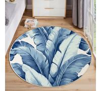 Round Rugs Living Room - Large Banana Leaves Area Rugs 90 Cm For Bedroom Anti Slip - Tropical Style Super Soft Thin Fleece Small Fluffy Shaggy Rug Non Shedding, Navy Blue Washable Carpet