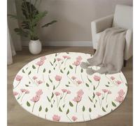 Round Rugs Living Room - Pink Tulips Area Rugs 60 Cm For Bedroom Anti Slip - Simple Floral Print Super Soft Thin Fleece Small Fluffy Shaggy Rug Non Shedding, White Washable Carpet