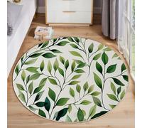Round Rugs Living Room - Watercolor Green Leaf Pattern Area Rugs 100 Cm For Bedroom Anti Slip - Minimalist Design Super Soft Thin Fleece Small Fluffy Shaggy Rug Non Shedding, Green Washable Carpet
