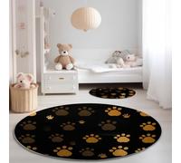 Round Rugs Simple Animals Paw Prints, 100 cm Soft Non Slip & Shedding Carpet Floor Mat for Bedroom Living Room Playroom Coffee Table - Black Print Machine Washable Area Rug