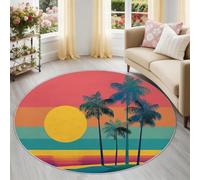 Round Rugs Washable 100 cm Coastal Pop Art, Area Rug Living Room Multicolour Tropical Palm Tree Beach Sunset Printed Low Pile Non Slip Circular Carpet for Bedroom Dining Room Decorations, Balcony