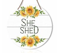 Round Rustic Wood Sign Plaque She Shed Sunflower Vintage Wall Art Sign Cute Wooden Hanging Sign Decor for Home Kitchen Living Room Farmhouse Garden Front Door Entryway Porch Yard 12 Inch