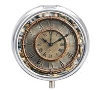 Round Rusty Steampunk Clock Pill Box Small Pill Case with 3 Compartment Portable Metal Medicine Organizer Mini Travel Medicine Vitamin Supplement Container for Pocket Purse