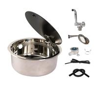 Round RV Sink with Hot & Cold Faucet Stainless Steel Kitchen Basin for Caravan & Camper Tempered Glass Lid Hand Wash Sink for RVs and Outdoor Kitchens