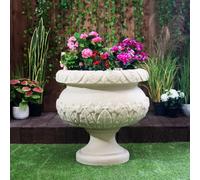 Round Sandstone Urn Vase With Leaf Design