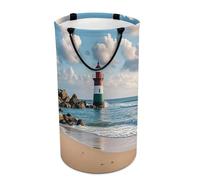 Round Sea Lighthouse Sandbeach Laundry Hamper Large Collapsible Waterproof Laundry Basket with Handles Dirty Clothes Toy Storage Organizer Bin for Bedroom Dorm Bathroom