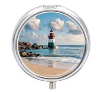 Round Sea Lighthouse Sandbeach Pill Organizer Pill Box 3 Compartment Portable Travel Medicine Case Daily Mini Compact Medicine Container Storage Vitamin Supplement Dispenser
