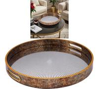 Round Serving Tray with Handles - 36cm Art Deco Sunburst Mirror Base - Gold Rim Decorative Drinks Tray for Coffee Table Ottoman & Home - Acrylic Glass