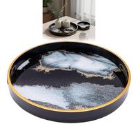Round Serving Tray with Handles - 36cm Black & Gold Marble Effect Decorative Tray with Mirror Base - Coffee Table Ottoman Drinks Tray for Home & Kitchen