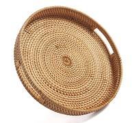Round Serving Trays with Handles for Ottoman Woven Coffee Table Tray Decorative for Kitchen and Home Natural (36cm x 7cm)
