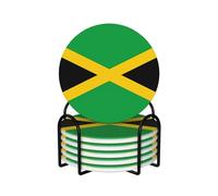 Round Shape Ceramic Coaster Set of 6 jamaica flag pattern : Non-slip cork bottom Fits all coffee cups glasses and mugs
