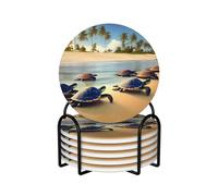 Round Shape Ceramic Coaster Set of 6 turtles on the beach Prints : Non-slip cork bottom Fits all Coffee Cups Sports Cups and Mugs ​