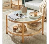 Round Side Table Glass Top Coffee Station Table - End Table Coffee Bar Stand with Storage, Plastic Rattan Shelf for Home Kitchen, Entryway, Living Room, Dining Room