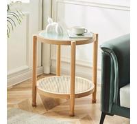 Round Side Table - Glass Top Coffee Station with Storage, Plastic Shelf for Home Kitchen, Entryway, Living Room, Dining Room